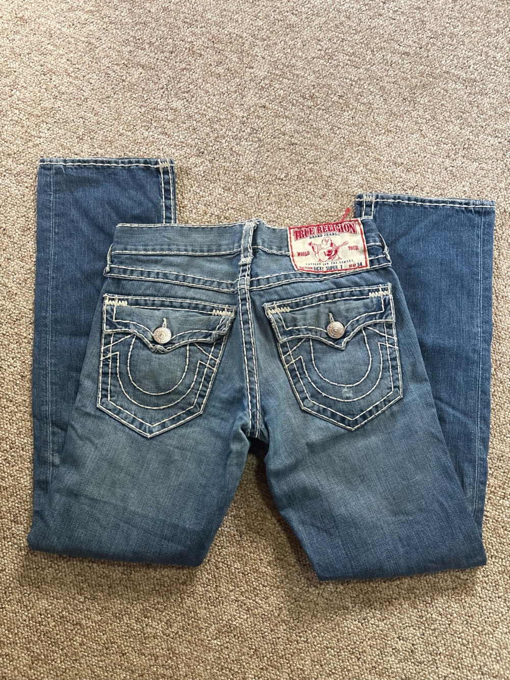 Vintage True Religion Women’s Blue Bootcut Jeans with Signature Flap Pocket